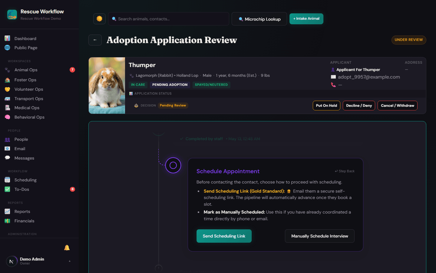 Application review — full applicant details, animal match, and scheduling workflow in one place