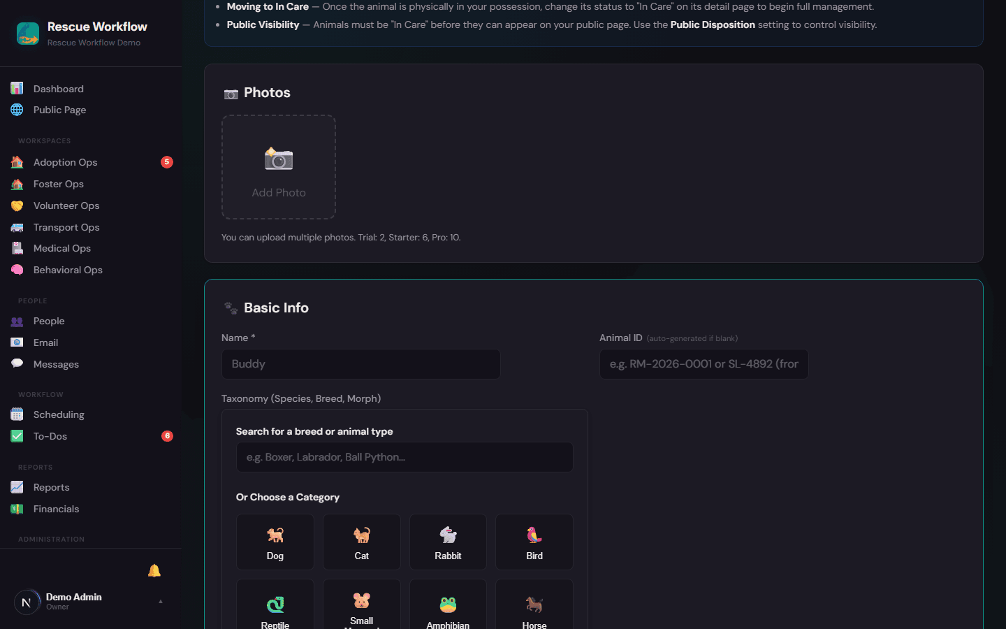 Streamlined intake form — capture all animal details in one place
