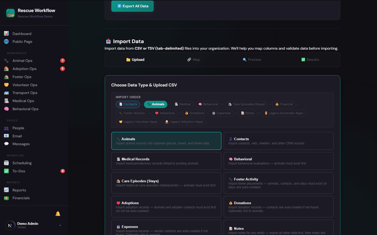 Import wizard — guided 4-step CSV import with column mapping and validation