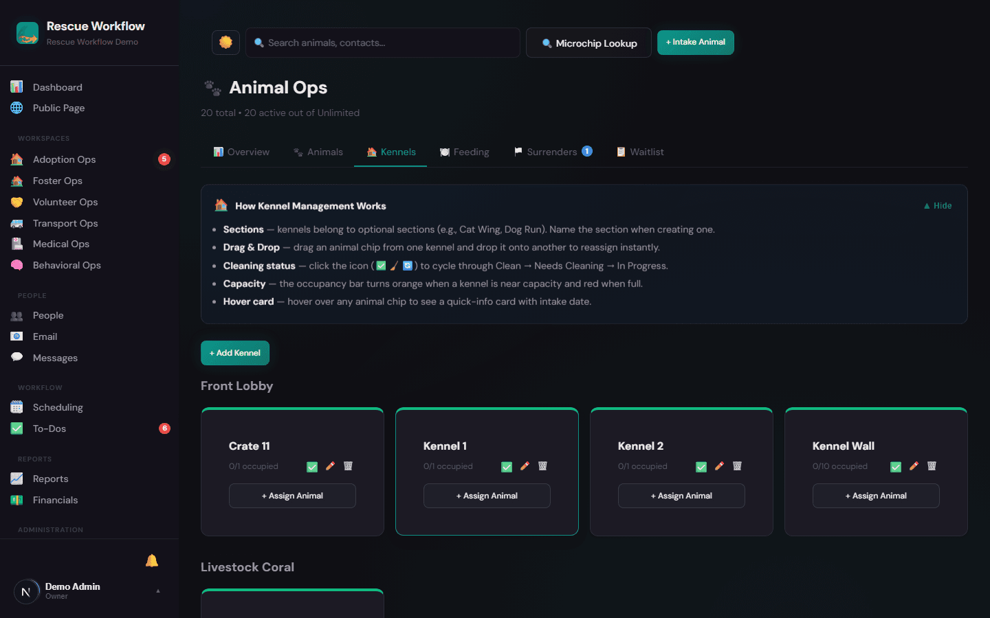 Kennel grid — live occupancy view for every run and room in your shelter