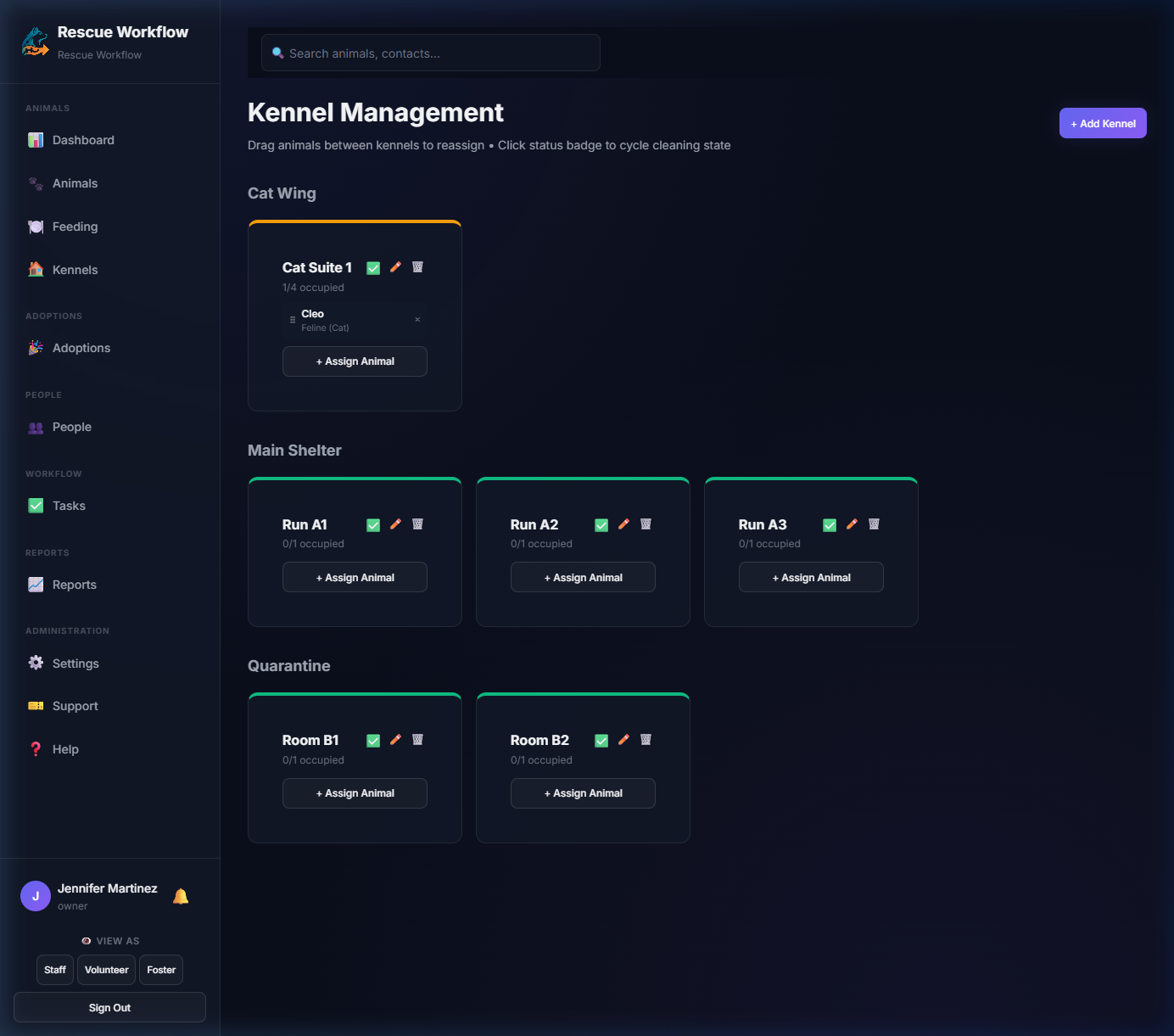 Kennel grid — live occupancy view for every run and room in your shelter