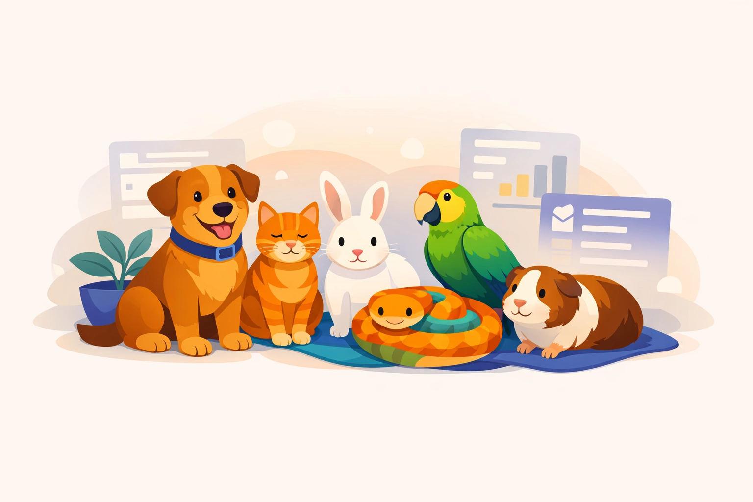 A diverse group of rescue animals - dog, cat, rabbit, bird, reptile, and small mammal - shown together as equally valued records