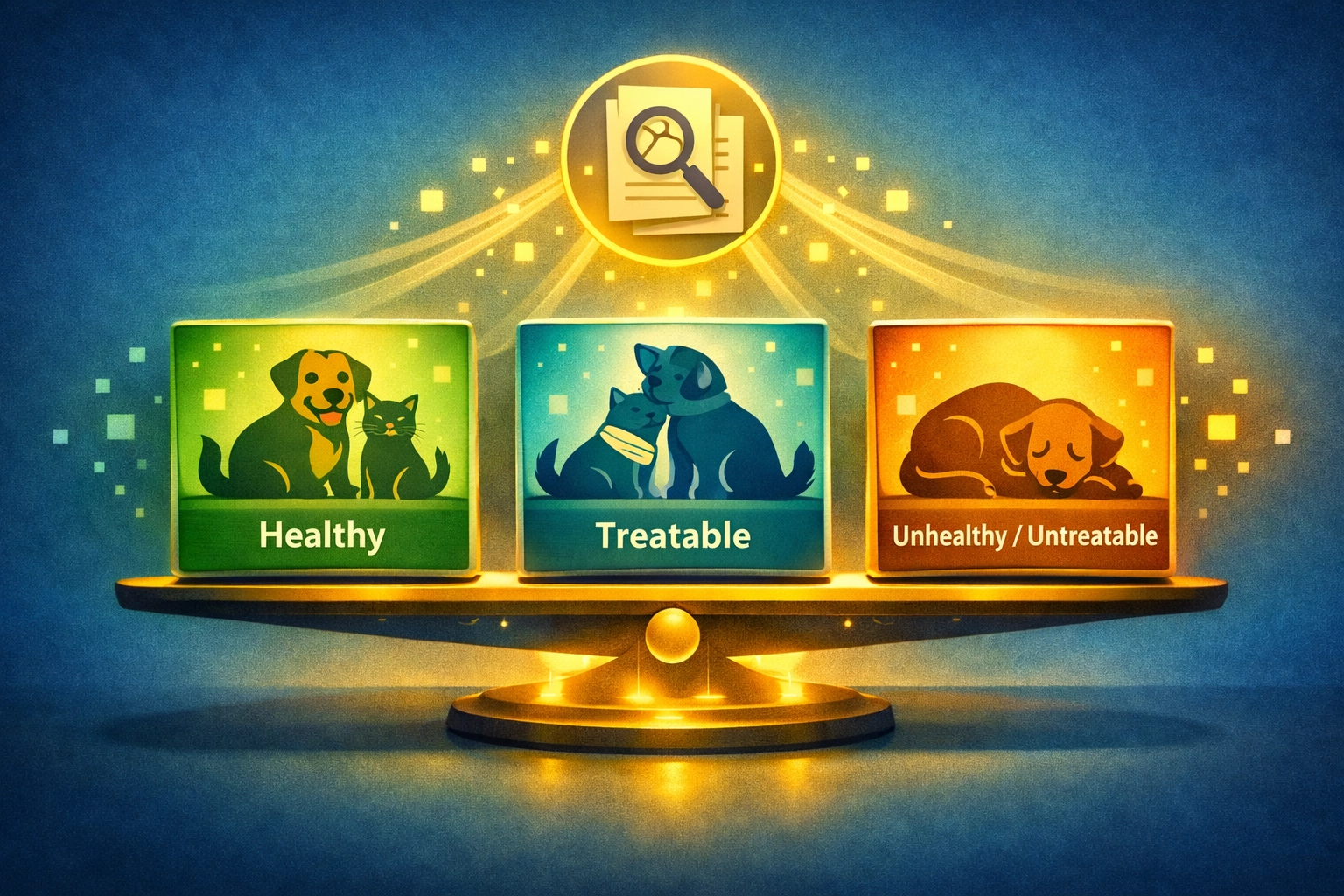 Illustration of a rising bar chart with a large percentage figure and a dog and cat silhouette walking toward an open door, symbolizing a live release rate calculation
