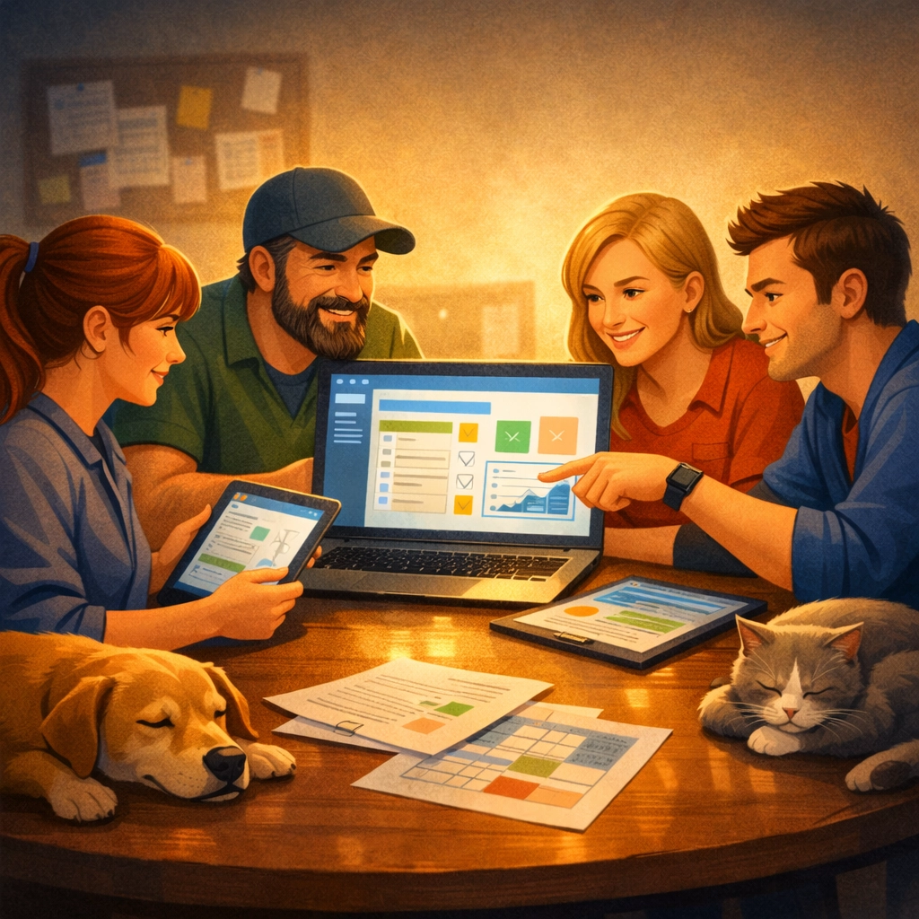 A rescue team comparing several software options side by side on a table of screens