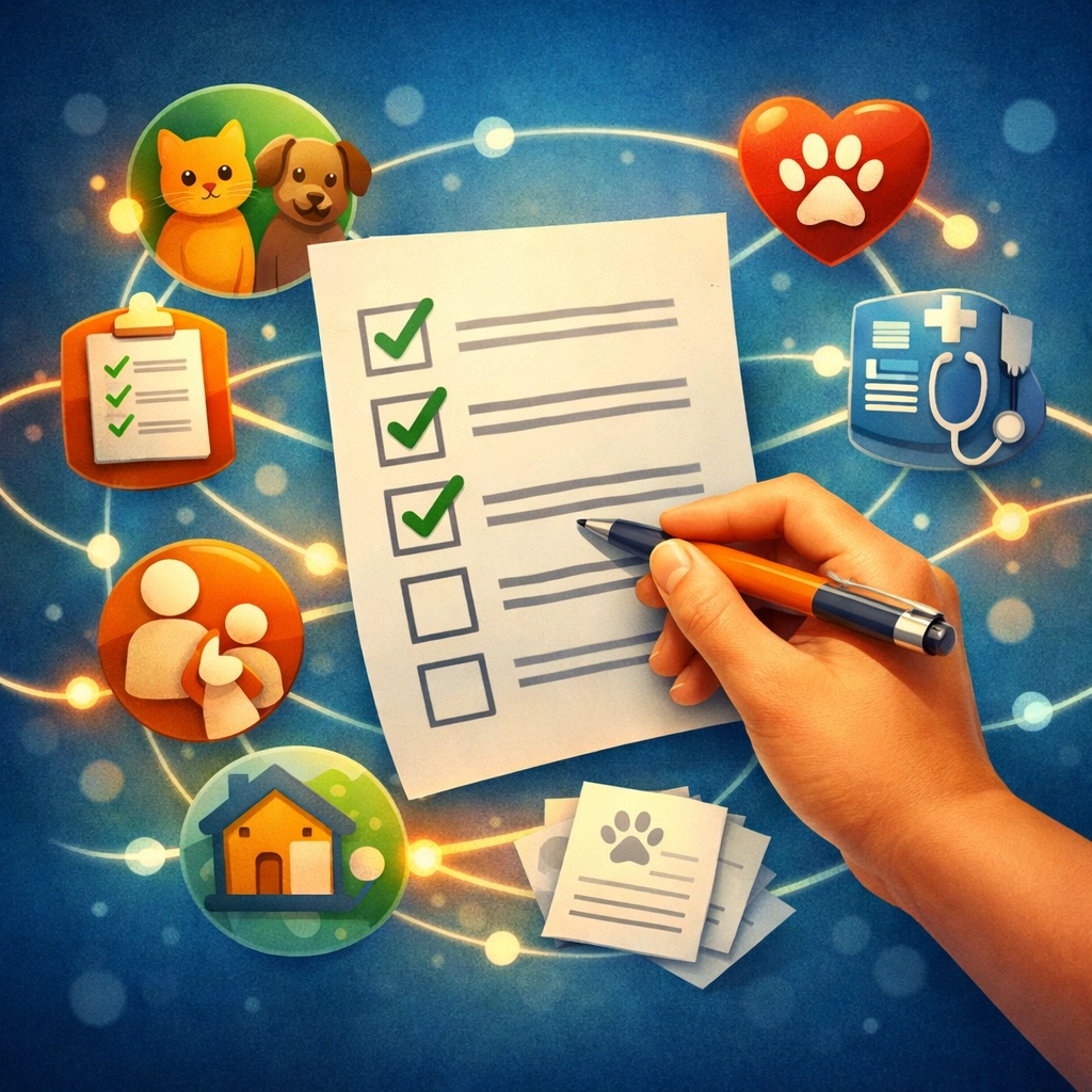 An illustrated checklist of criteria for selecting animal rescue software, with items being checked off