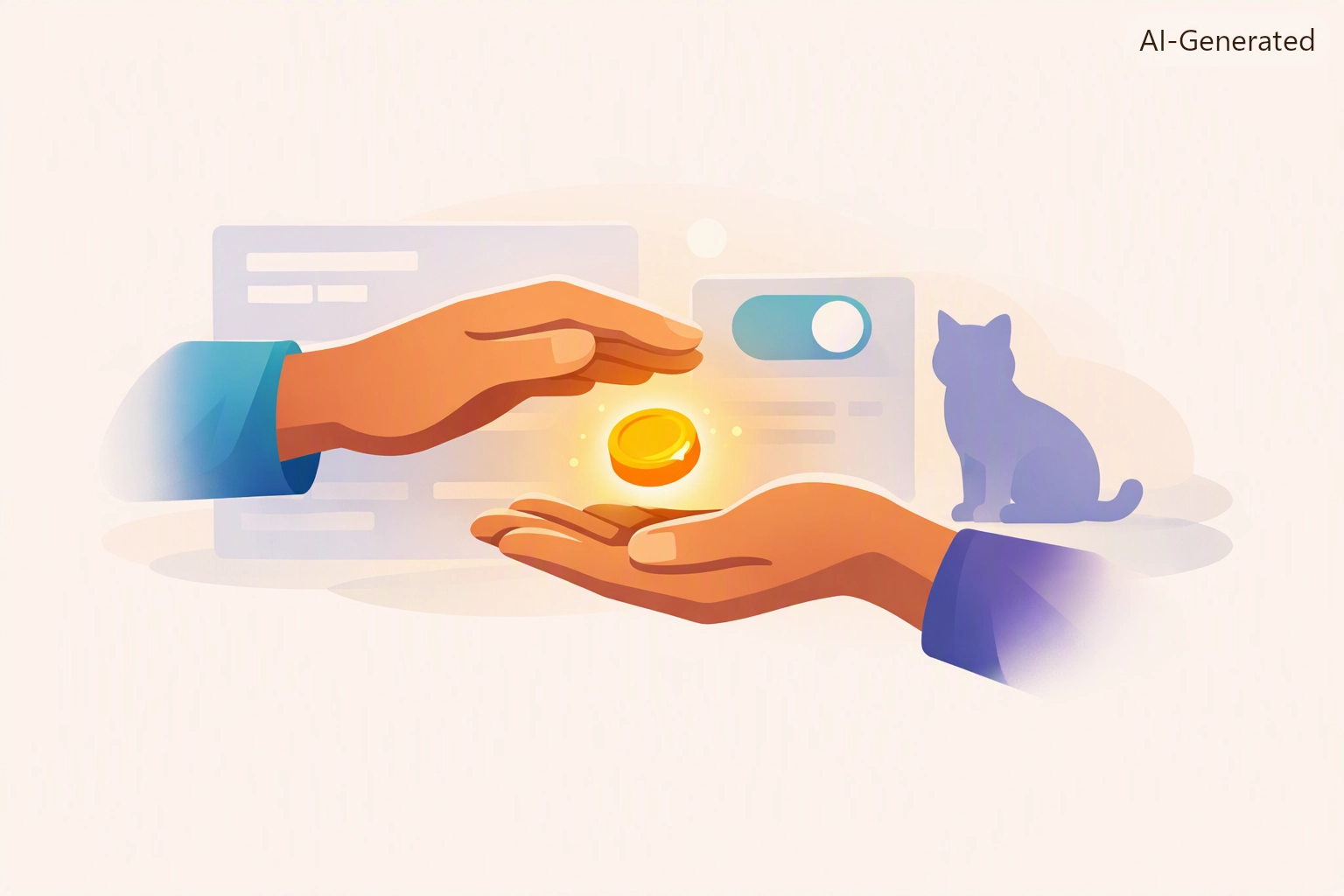 A supporter's hand offering a small glowing coin toward a rescue's waiting hand, with a payment card and an optional toggle in the background and a quiet dog silhouette behind them