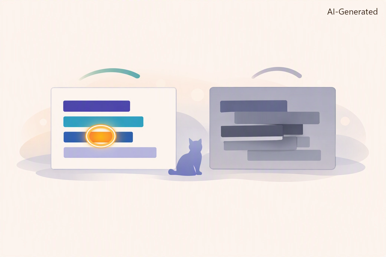Two abstract checkout panels side by side: the left one open and airy with clearly separated cost elements, the right one dense and dim with one cost bar half-hidden — clarity versus concealment
