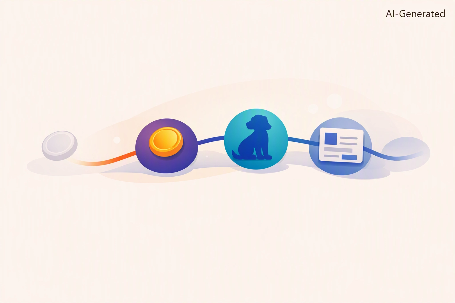 A single continuous thread linking four rounded nodes — a coin, a person, a dog, and a record card — while a lone disconnected coin drifts apart in muted grey