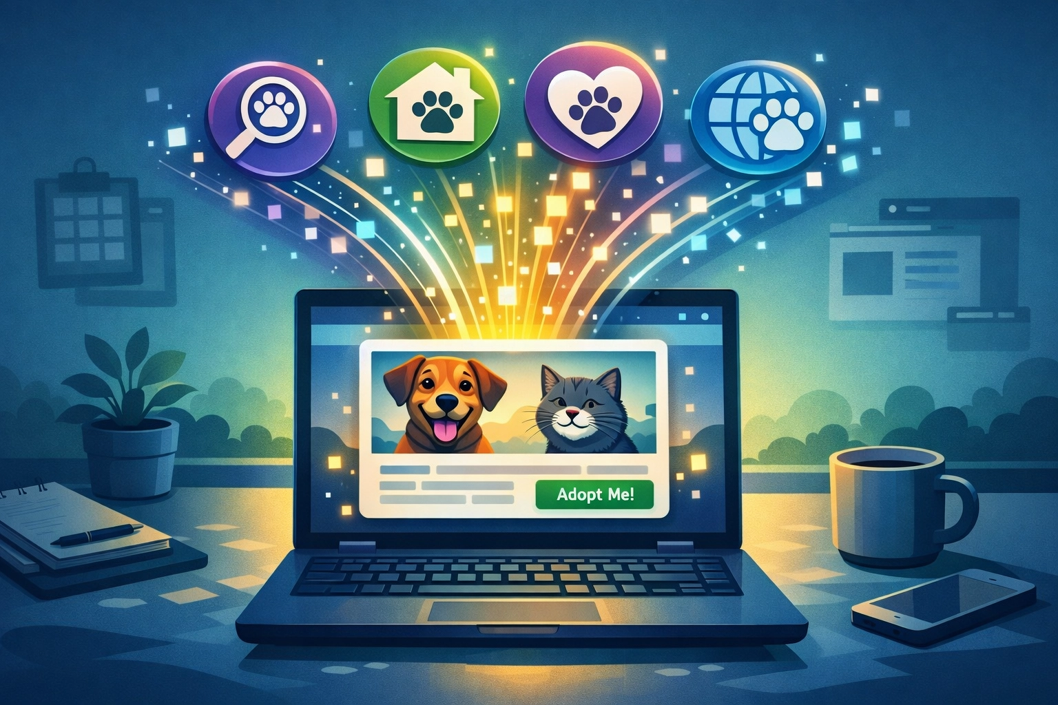 Illustration of a rescue animal listing flowing automatically from a laptop into the Petfinder and Adopt-a-Pet platforms, symbolizing a live data feed