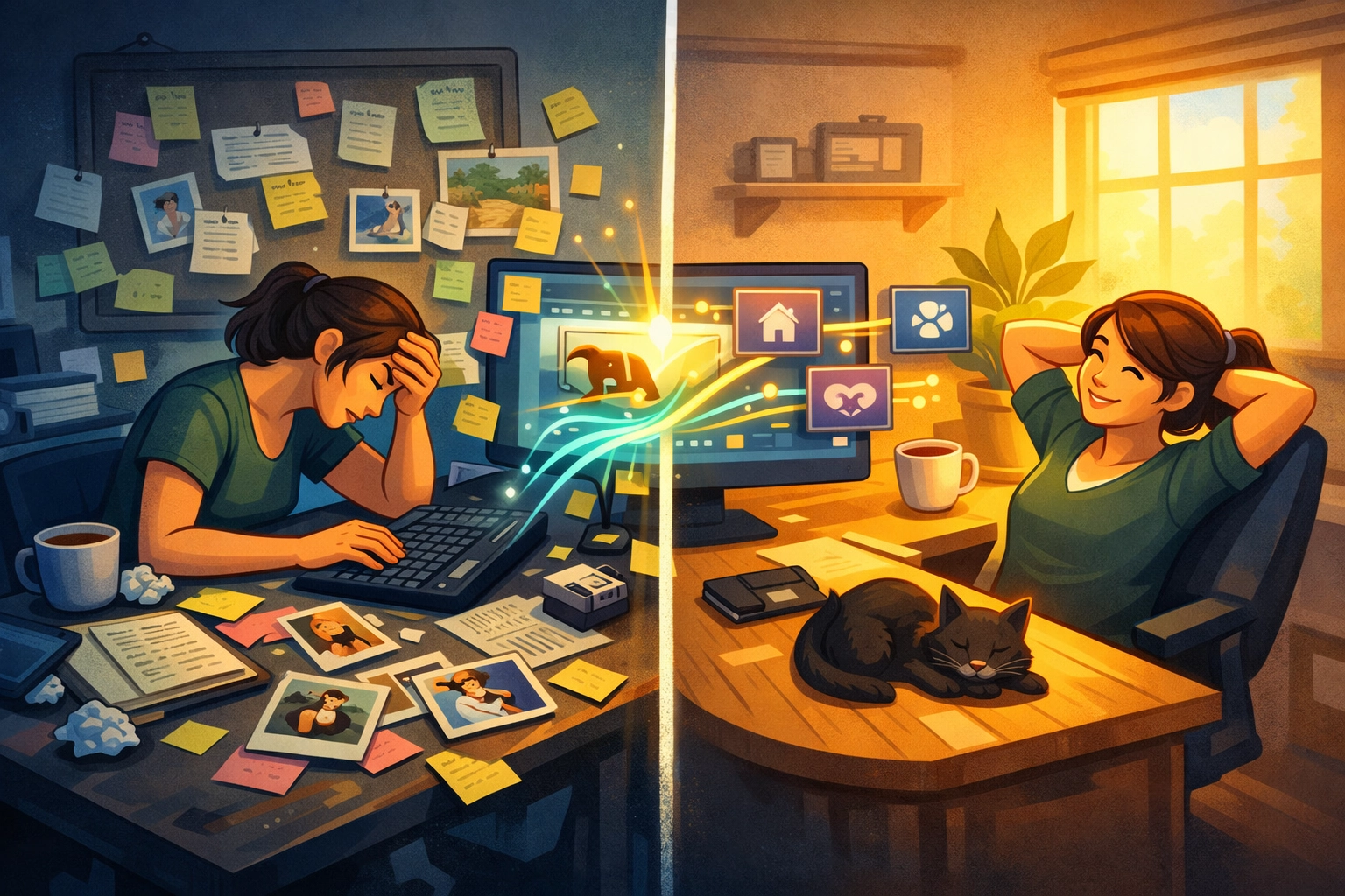 Split illustration contrasting a stressed staff member manually re-typing animal listings on one side with a calm, automated workflow diagram on the other