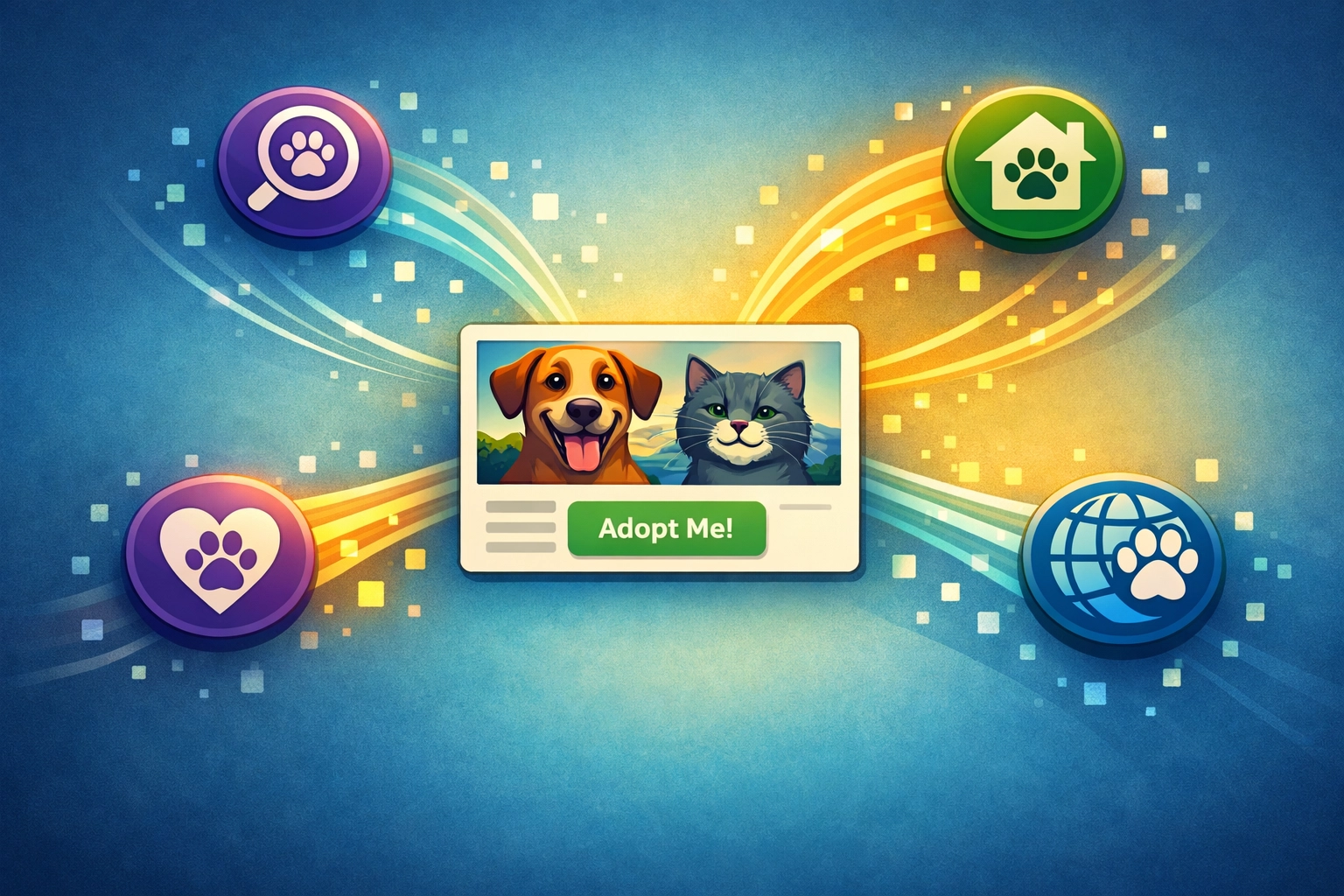 Illustration of a rescue dog and cat profile card expanding outward into multiple adoption platform icons, representing one feed reaching several listing sites