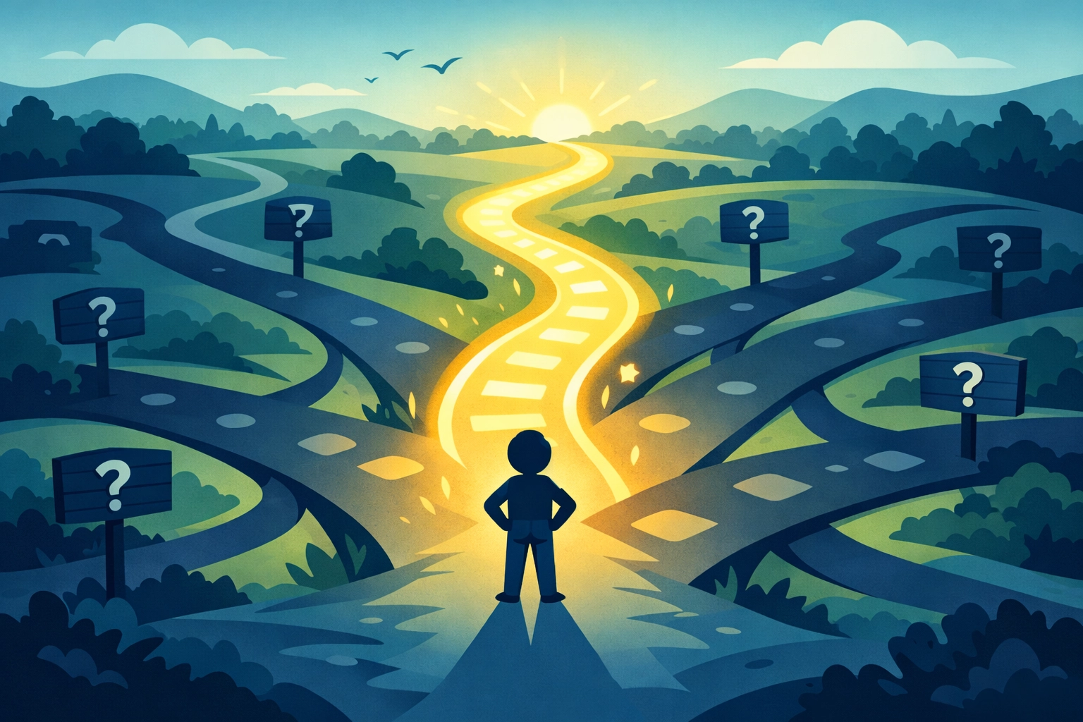 A guided pathway lighting up the single recommended next step at a decision fork in a workflow