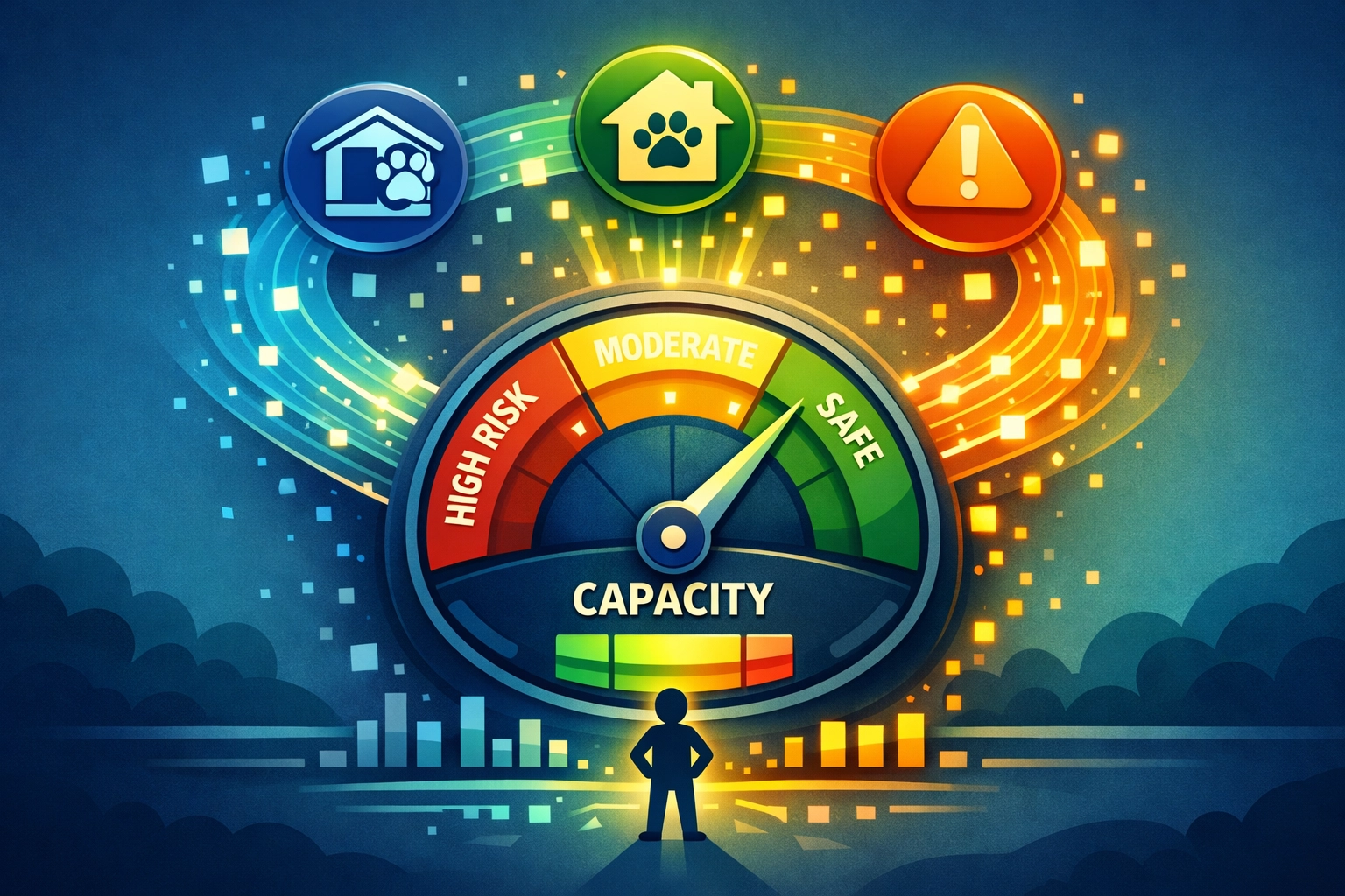 A dashboard-style gauge blending kennel space, foster availability, and return-risk into one real-time capacity signal