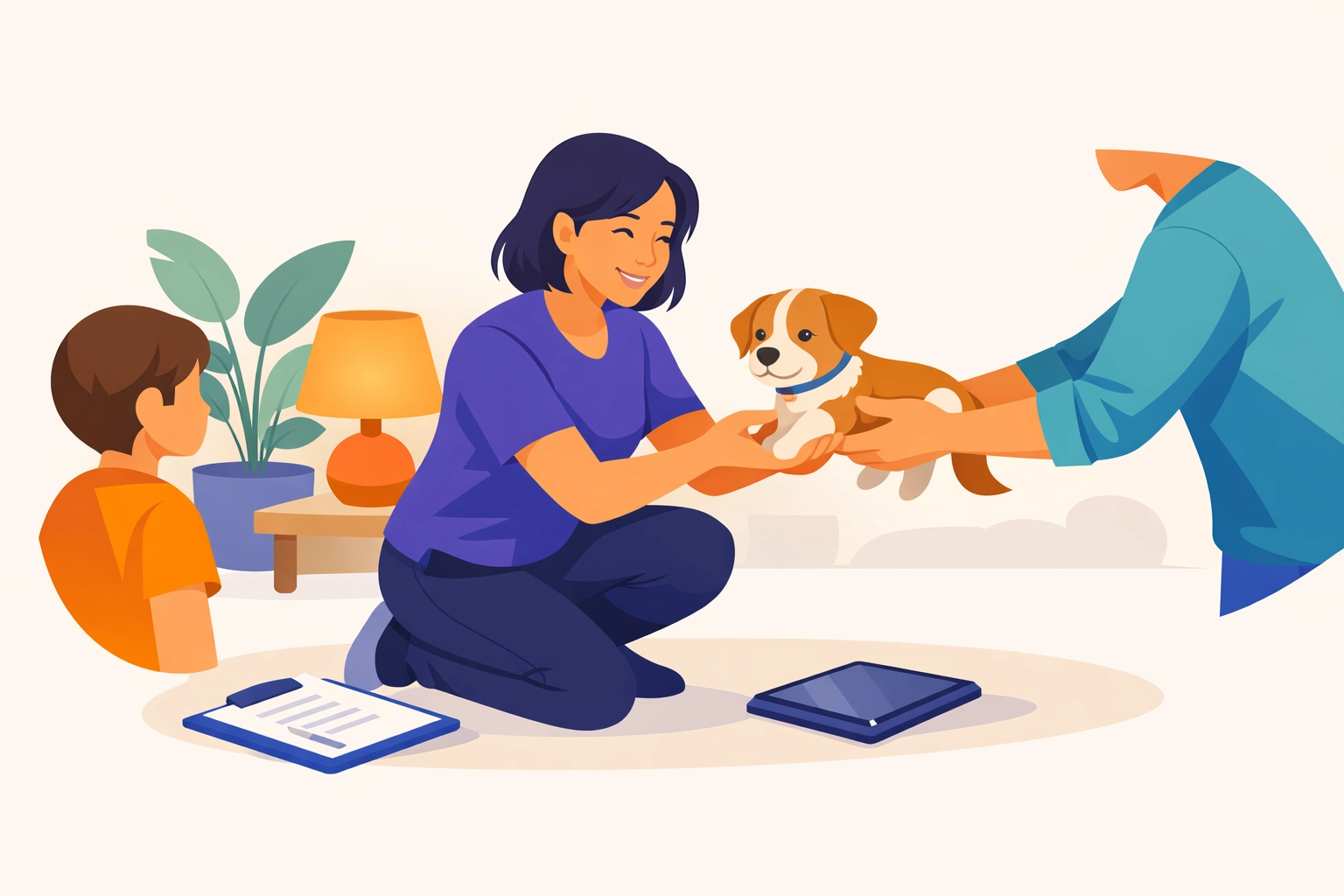 A gentle intake moment as a family hands over a dog to a caring rescue staff member