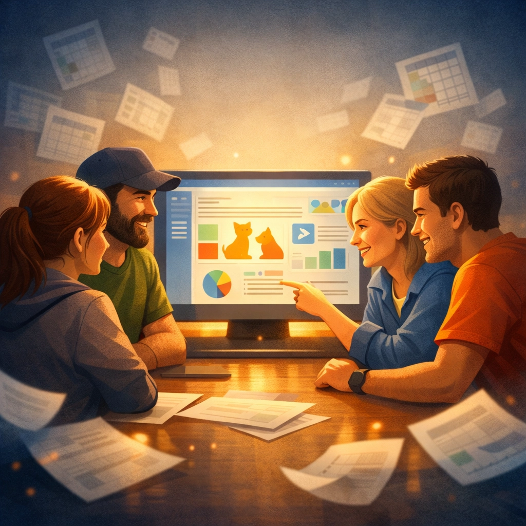 A calm, confident rescue team working around a single unified dashboard instead of scattered paper and spreadsheets